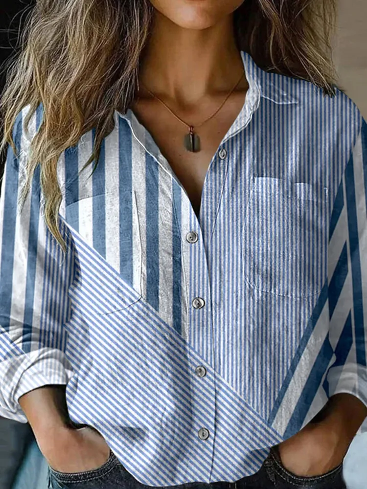 Women's Top V-neck Printed Exquisite Linen - Blue