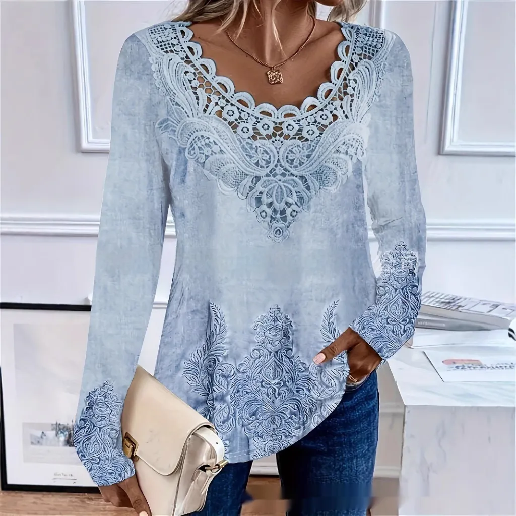 Fashionable Elegant Casual Hollow Lace Women's T-shirt - Light Blue