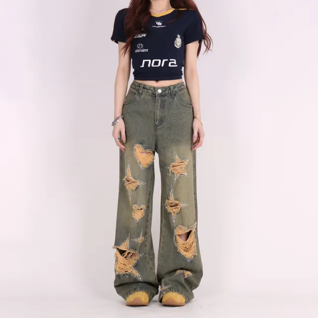 Retro Tattered Jeans Pants Love Wide Leg Jeans Blue - Shop at LoveMi