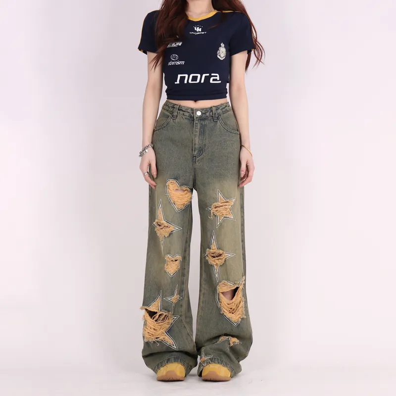 Retro Tattered Jeans Pants Love Wide Leg Jeans - Blue