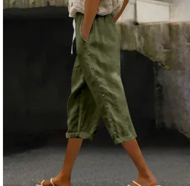 Casual Patchwork Button Cropped Pants For Women - Army Green