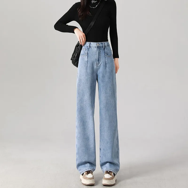 Women's Thin Straight Loose Slimming Elastic Waist Pants - Light Blue Trousers Trousers