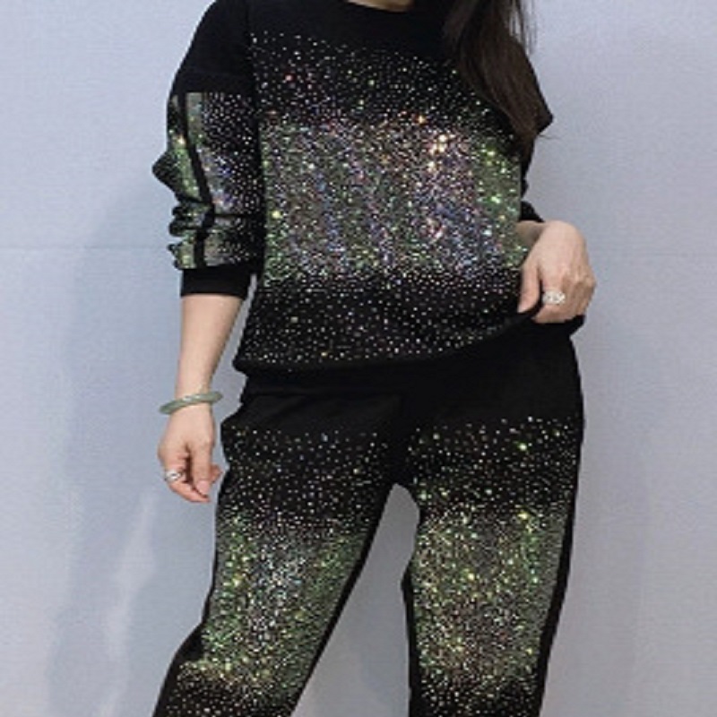 New Round Neck Pullover Long Sleeve Sweater Trousers Women's Clothing Starry Diamond Two-piece Set