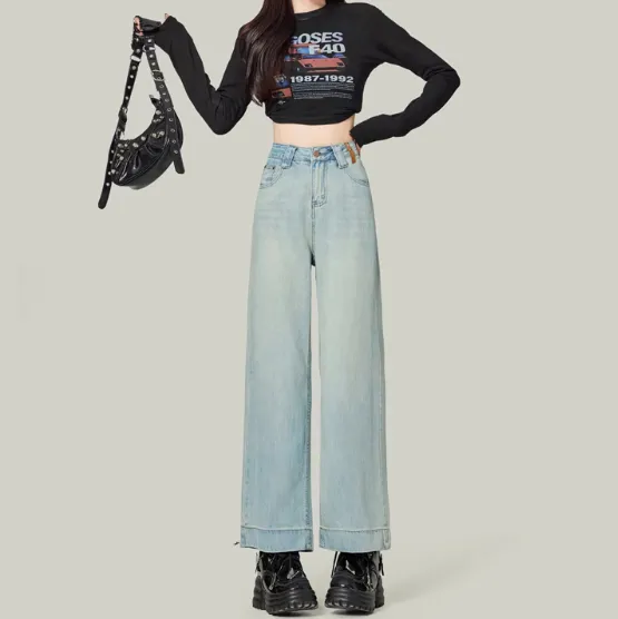 Small Loose Slim Retro Blue High Waist Nine Points Straight Jeans