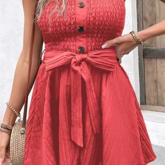 Women's Clothing Pure Color Tied Tube Top Sexy Fashion Casual Jumpsuit Brick Red - Shop at LoveMi
