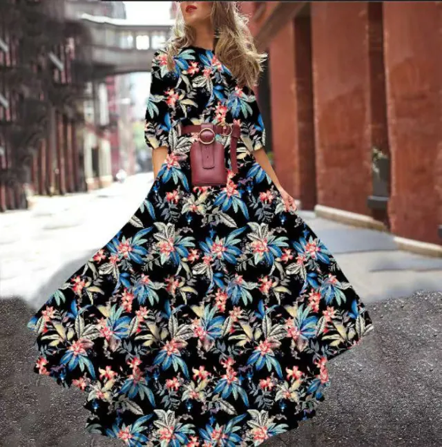 Women's Printed Oversized Dress Is Fashionable Black Background Flower - Shop at LoveMi