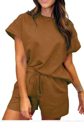 Solid Color Round Neck Short Sleeves Top Shorts Suit Brown - Shop at LoveMi