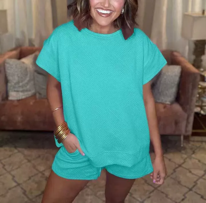 Solid Colour Round Neck Short Sleeves Top Shorts Suit - Turquoise-M