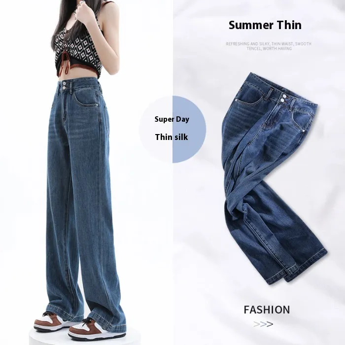 Lyocell Jeans Women's Summer Wide Leg High Waist Thin Loose - Retro Blue Cropped Double