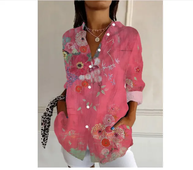 Women's Color Matching Casual Loose Button Digital Printing Shirt - Sh2666Fe3-L