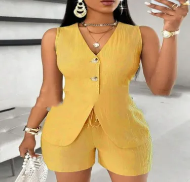 European And American Ladies Fashion Comfort And Casual Open Chest Lace up Short sleeved Shirt Yellow - Shop at LoveMi