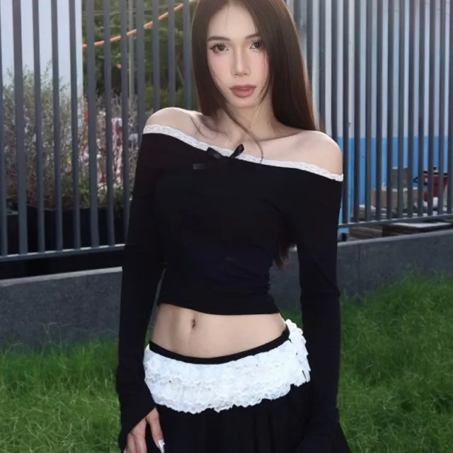 Pure Desire Wind Sweet One Shoulder Bow Long Sleeve Top Half Body Short Skirt Set Black - Shop at LoveMi