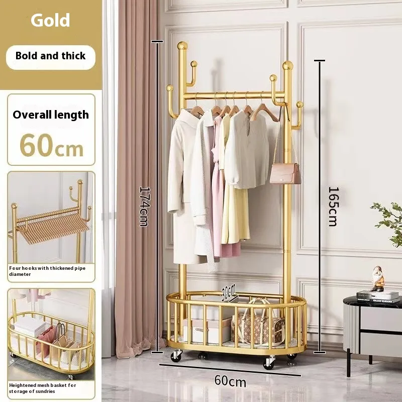 Coat And Cap Floor Bedroom And Household Mobile Clothes Hanger - Gold 60Cm
