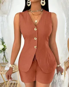 European And American Ladies Fashion Comfort And Casual Open Chest Lace-up Short-sleeved Shirt - Brown - View 1