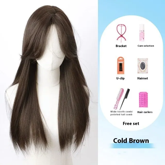 Forehead Lace Black Long Straight Long Hair Full head Wig Middle Cold Brown Suit - Shop at LoveMi