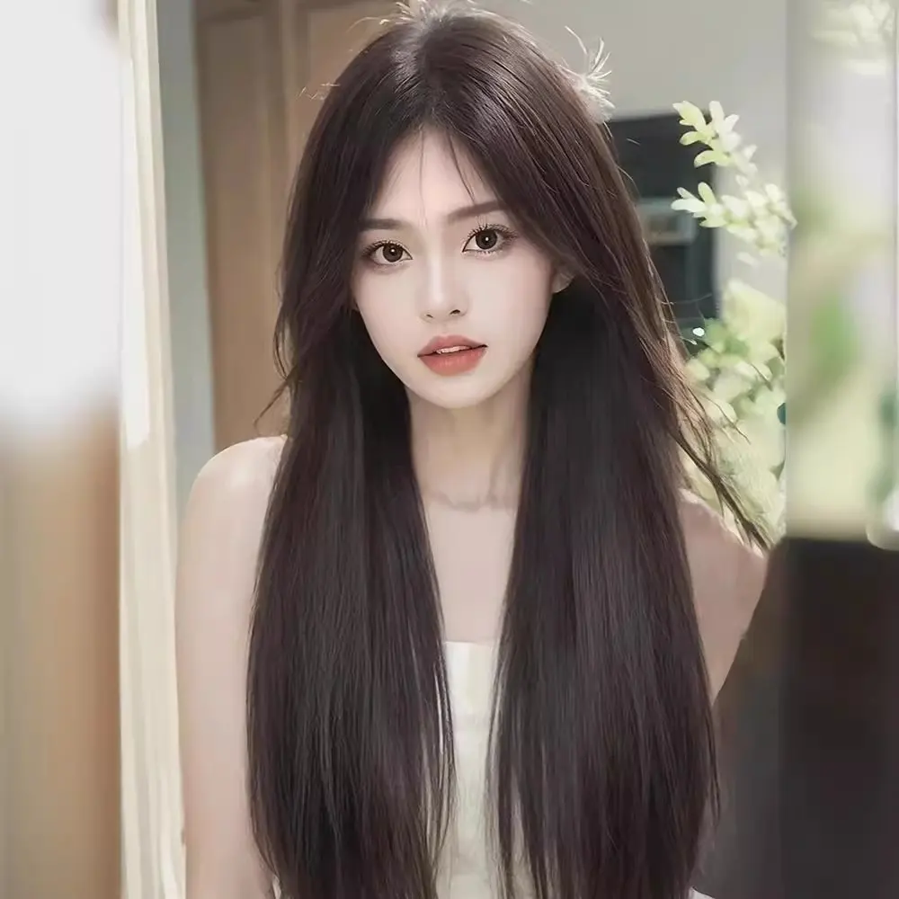 Forehead Lace Black Long Straight Hair Full-head Wig