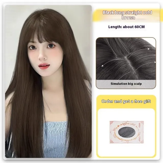 Forehead Lace Black Long Straight Long Hair Full head Wig Bangs Cold Brown Hair Net - Shop at LoveMi