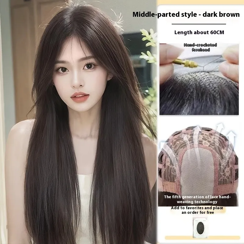 Forehead Lace Black Long Straight Long Hair Full-head Wig - Lace Dark Brown Hair Net