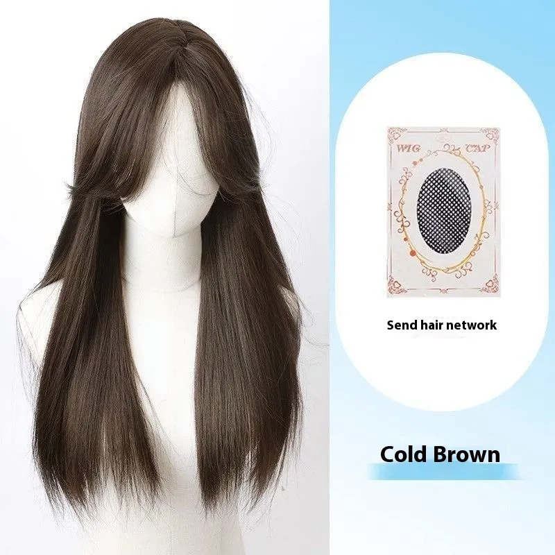 Forehead Lace Black Long Straight Long Hair Full-head Wig - Middle Cold Brown Hair Net