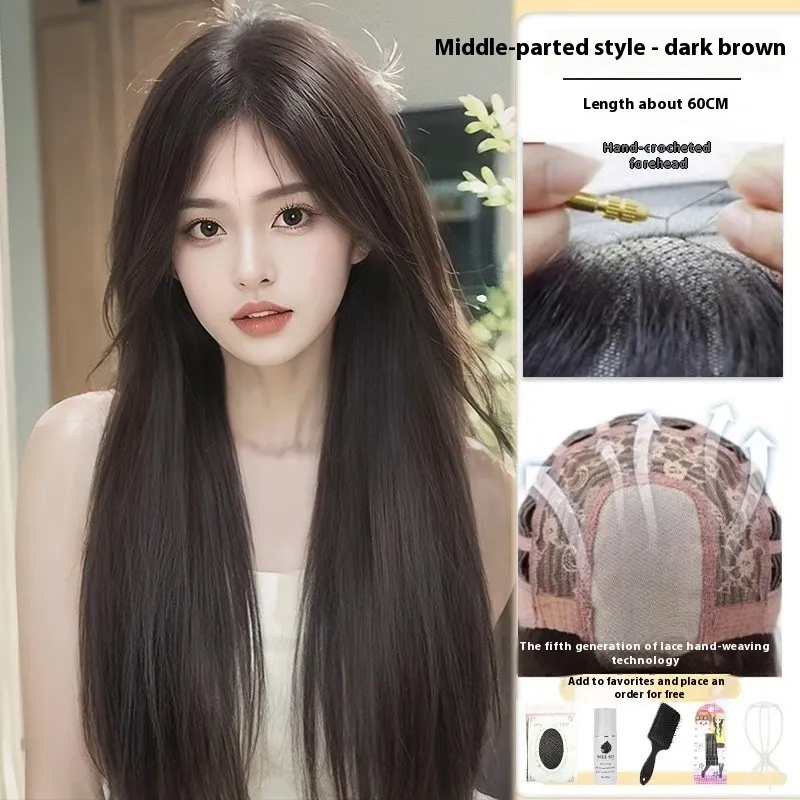 Forehead Lace Black Long Straight Long Hair Full-head Wig - Lace Dark Brown Suit