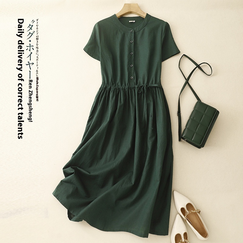 Artistic Loose Solid Color Round Neck Short Sleeves Dress Dark Green - Shop at LoveMi