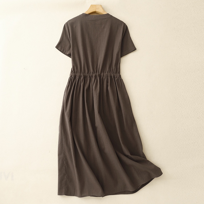 Artistic Loose Solid Color Round Neck Short Sleeves Dress