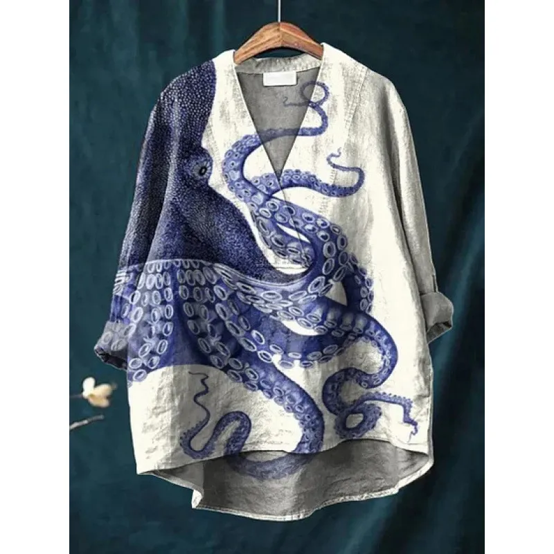 Autumn Collarless Long-sleeved Women's Shirt Long Sweater Casual Shirt - Style 2-2Xl