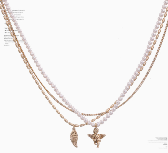 American Retro Fog Golden Angel Pearl Necklace Feather Clavicle Chain