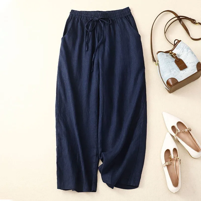 Retro Cotton And Linen Cropped Wide-leg Pants Women - Navy