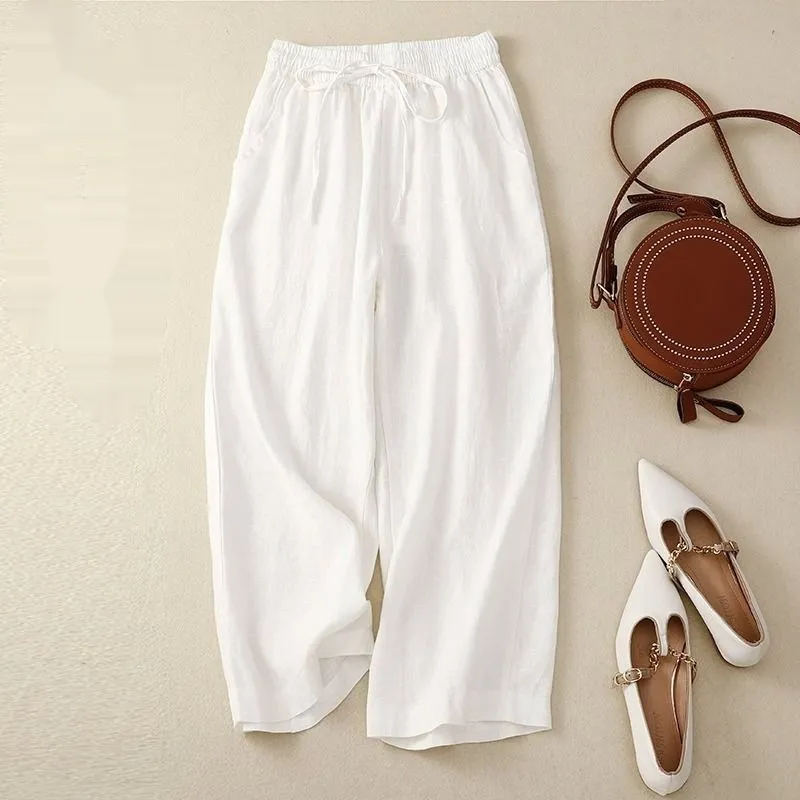 Retro Cotton And Linen Cropped Wide-leg Pants Women - White