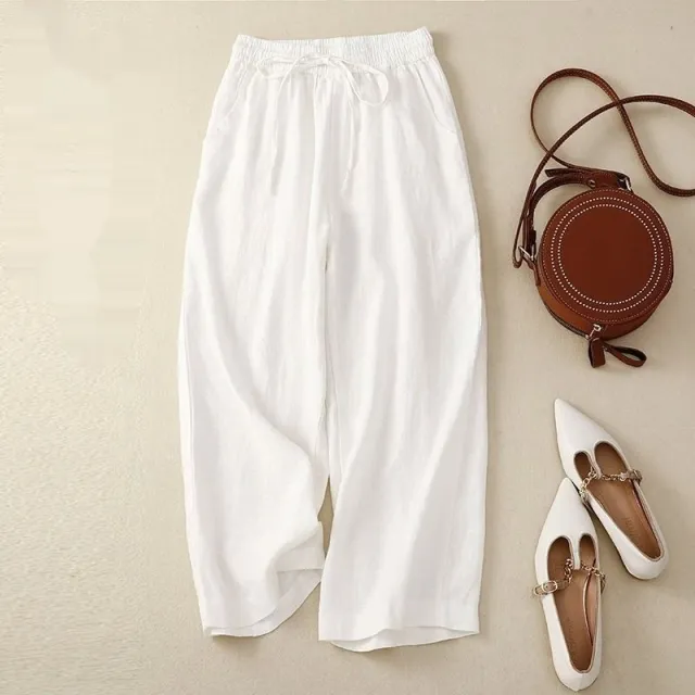 Retro Cotton And Linen Cropped Wide leg Pants Women White - Shop at LoveMi