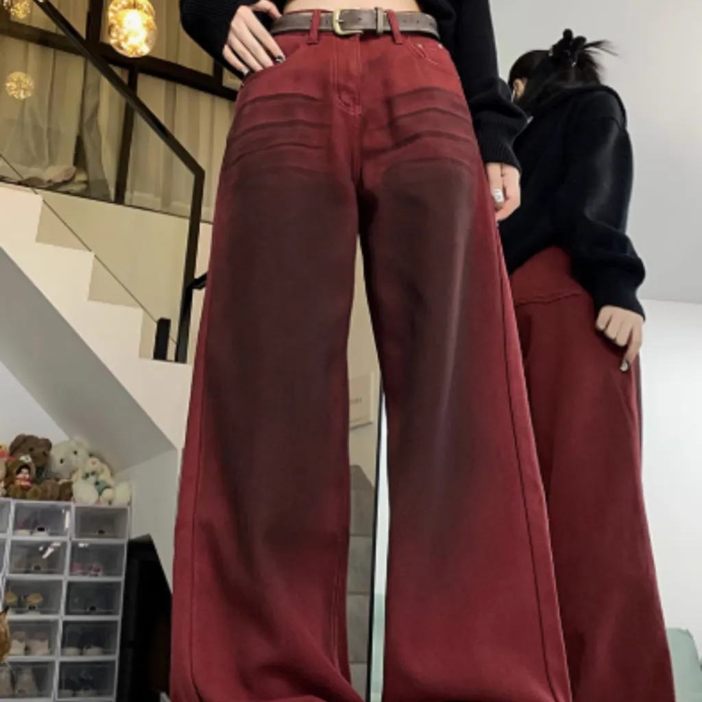 Loose High Waist Slimming Straight Leg Wide Leg Floor Pants For Women - Wine
