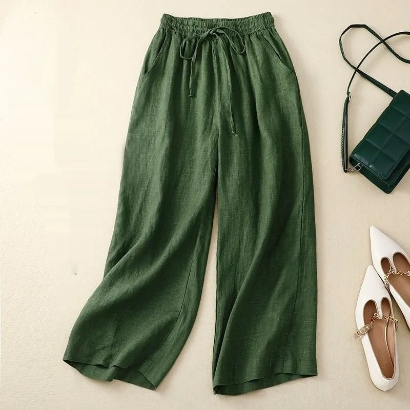 Retro Cotton And Linen Cropped Wide-leg Pants Women - Green