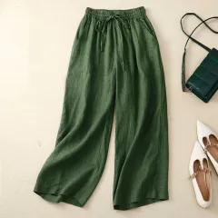 Retro Cotton And Linen Cropped Wide-leg Pants Women - Green - View 1