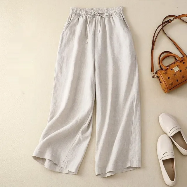 Retro Cotton And Linen Cropped Wide leg Pants Women Optic Linen - Shop at LoveMi