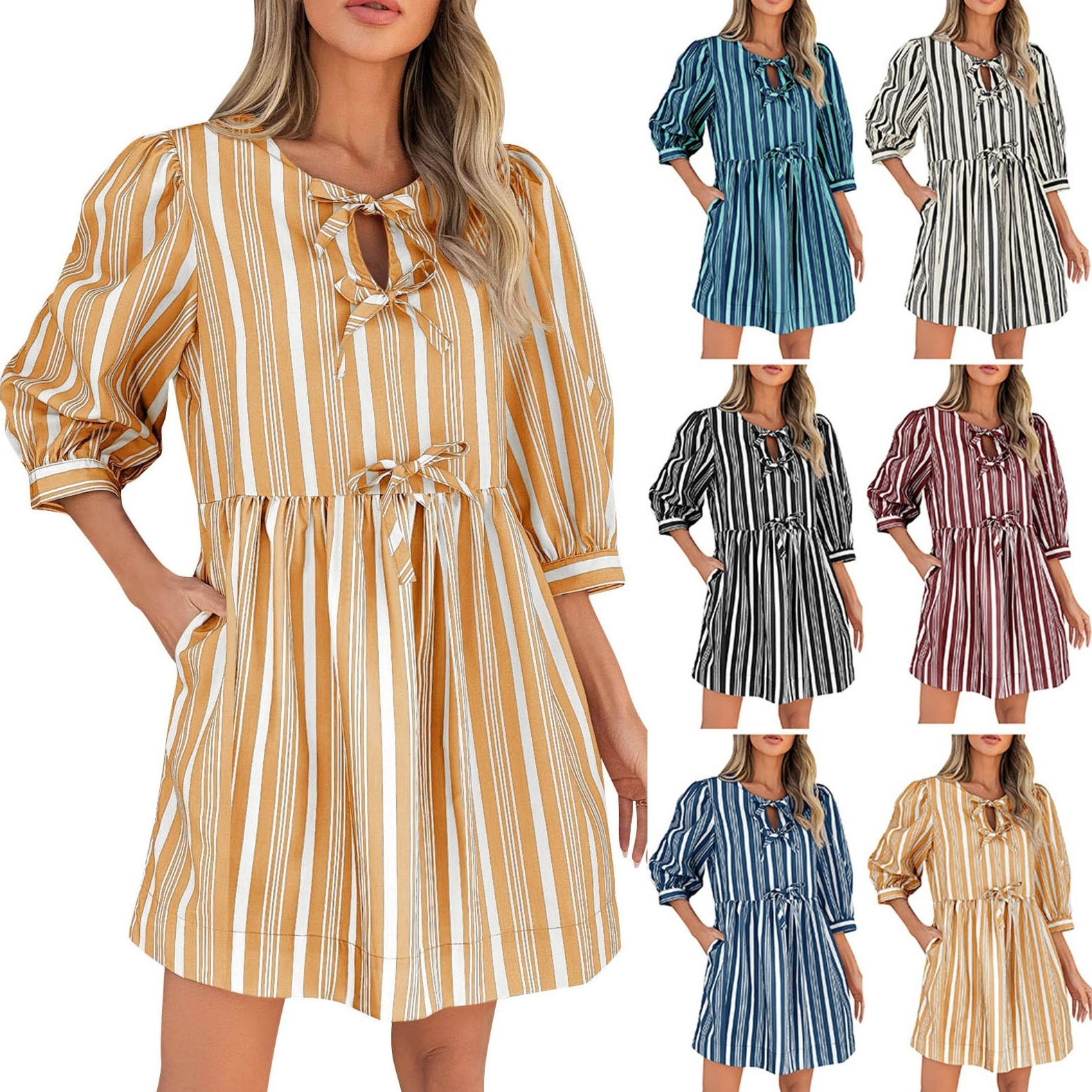Comfort Lace-up Bow Three-quarter Sleeve Striped Dress