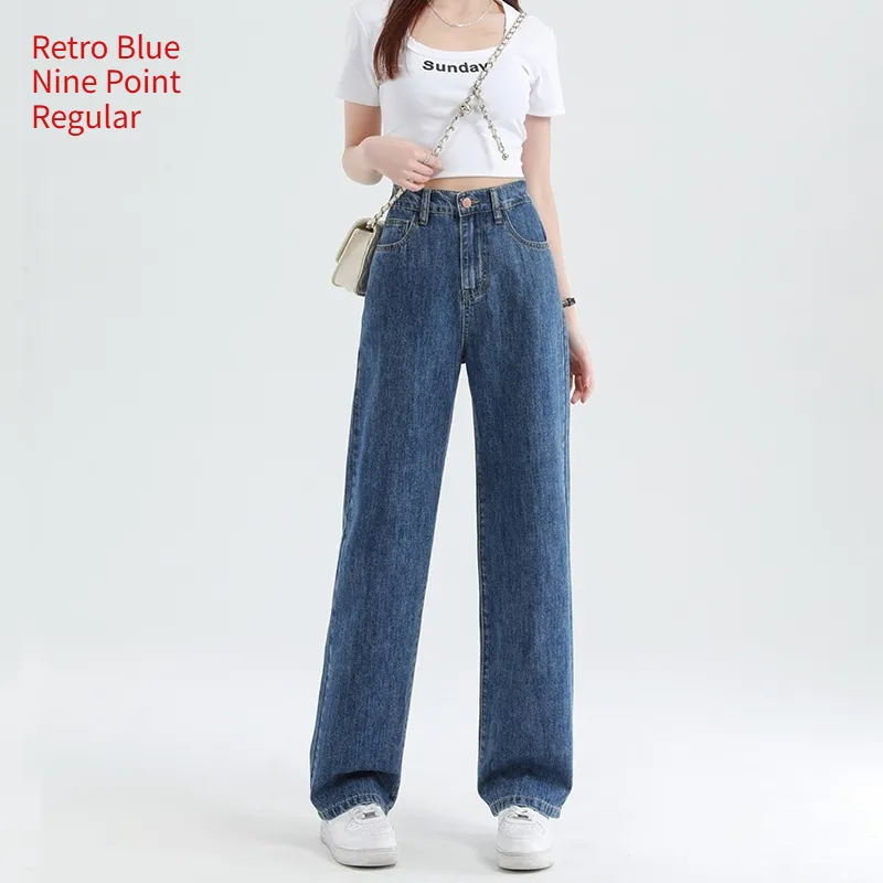 Summer Thin High Waisted Plus Size Wide Leg Pants - Retro Blue Nine Point Regular