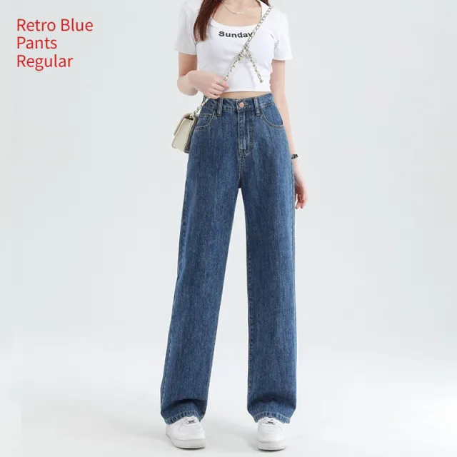 Summer Thin High Waisted Plus Size Wide Leg Pants Retro Blue Pants Regular - Shop at LoveMi