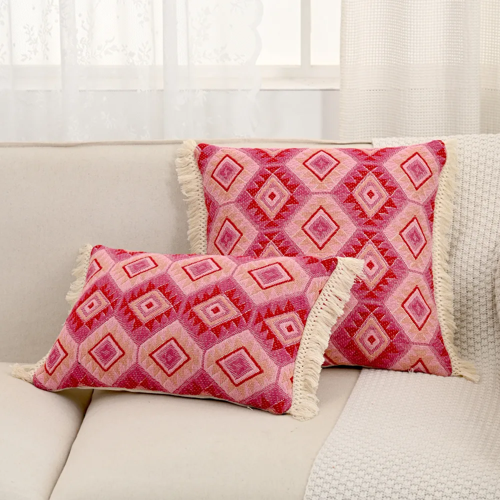 Rose Red Jacquard Girly Style Pillow Sofa Living Room Nordic Ins Cream Style Throw Pillowcase - Pink