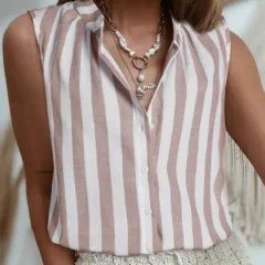 Khaki Stripe Casual Button Down Sleeveless Shirt - Khaki Stripe - View 1