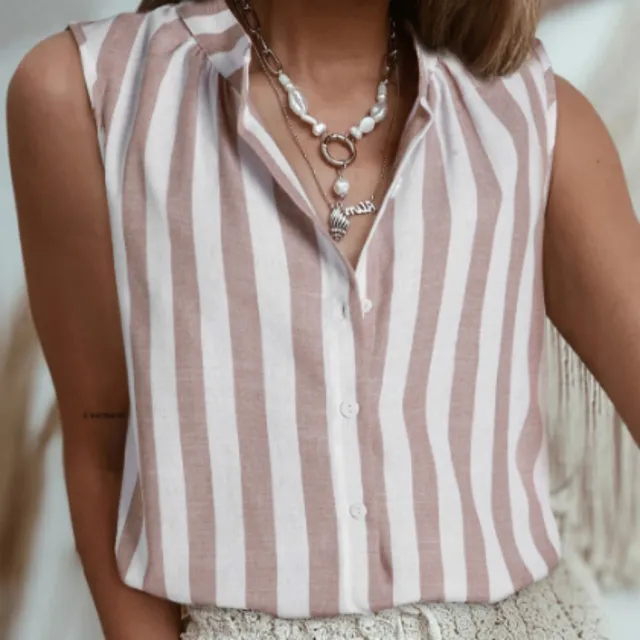 Khaki Stripe Casual Button Down Sleeveless Shirt Khaki Stripe - Shop at LoveMi