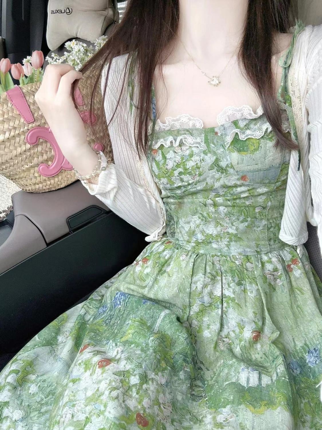 Wear A Set Of Korean Floral Dress Mid length Women's Lace Drawstring Slim fit Skirt Green Shivering Dress - Shop at LoveMi