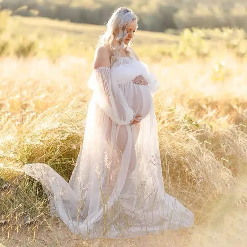 Dot Mesh Off-shoulder Puff Sleeve Pregnant Women Mopping Dress