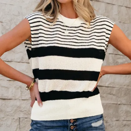 Black White Striped O Neck Sweater Vest White - Shop at LoveMi