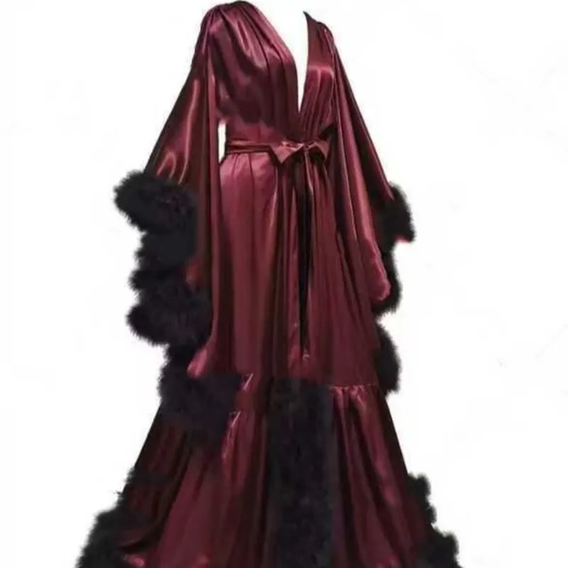 Women's Long Bridal Robe Tulle Underwear Maternity Bathrobe - Wine Red