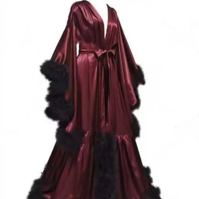 Women's Long Bridal Robe Tulle Underwear Maternity Bathrobe Wine Red - Shop at LoveMi