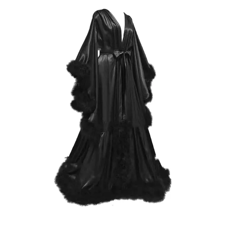 Women's Long Bridal Robe Tulle Underwear Maternity Bathrobe - Black