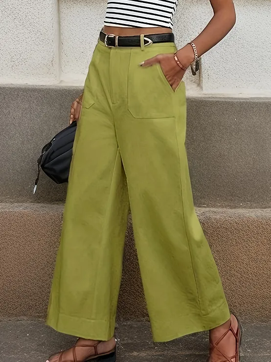 High Waisted Pocket Wide Leg Casual Commuting Pants Khaki - Shop at LoveMi
