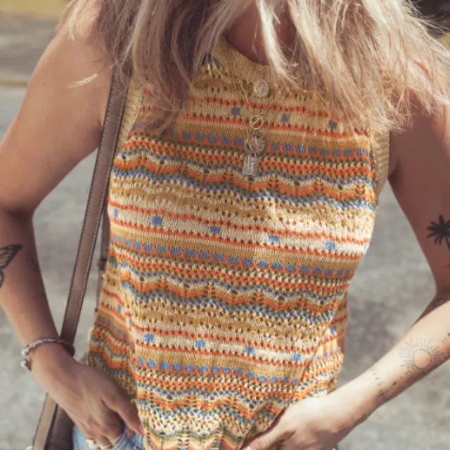 Brown Stripe Eyelet Crochet Round Neck Sweater Vest Brown - Shop at LoveMi