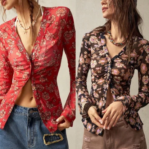 Printed Shirt Women's Slim Fit Slimming Retro Temperament